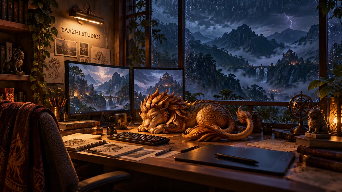 An imagined Yaazhi studio at night, with a mythical companion asleep beside a game artist’s keyboard